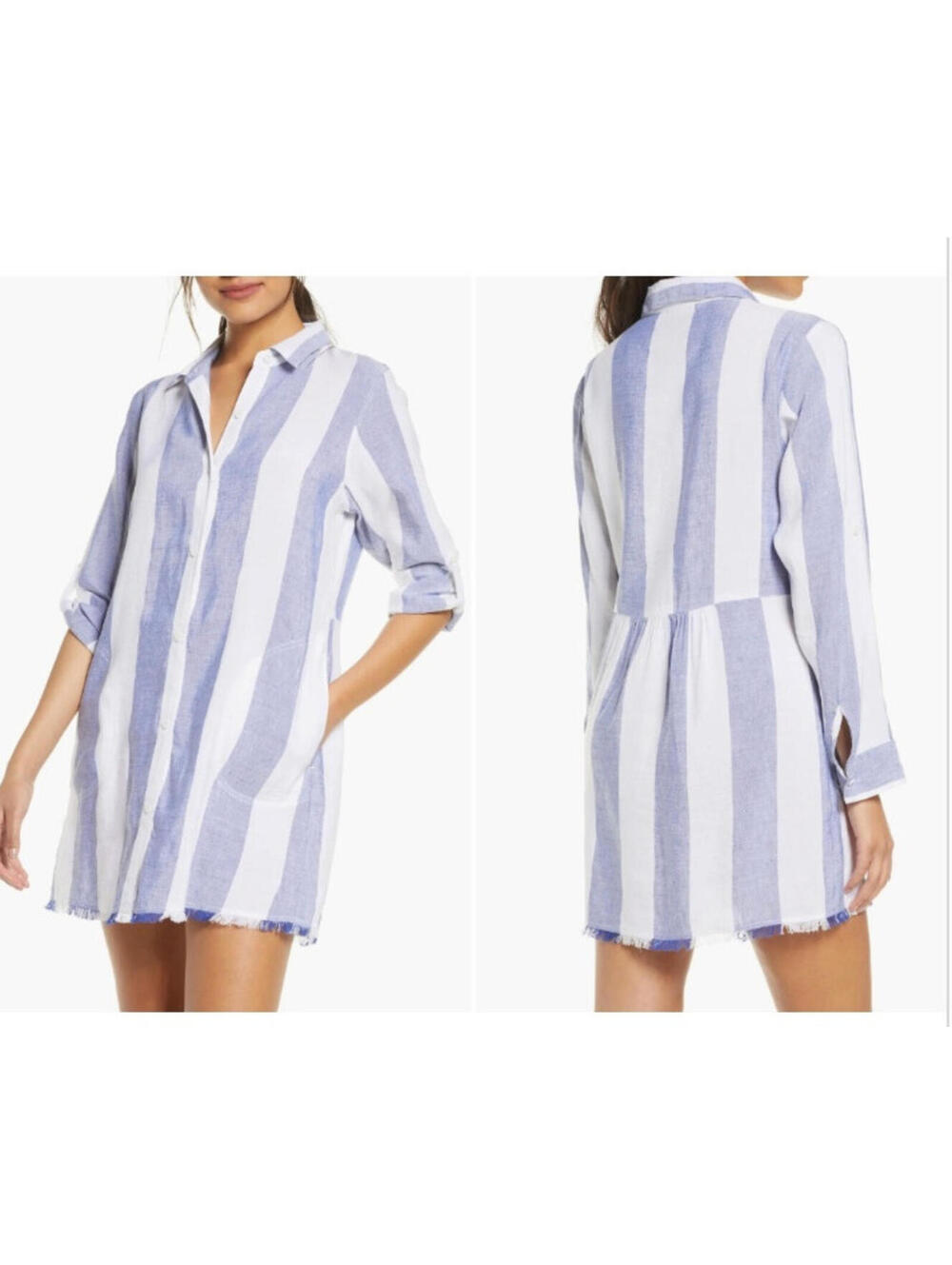 Tommy Bahama sz‎ L  dress blue/white stripe button down collared linen blend A